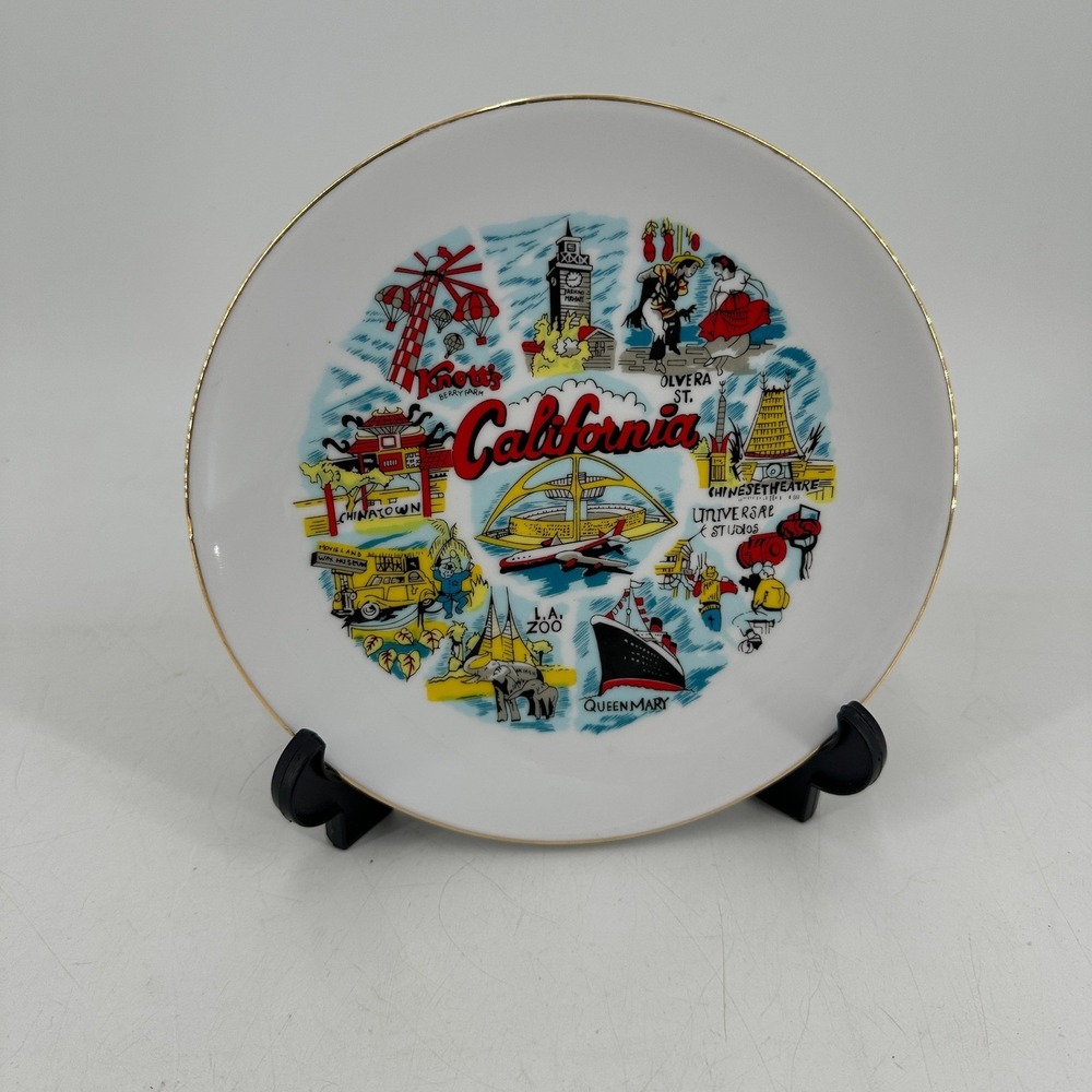 Vintage California Souvenir Collector Plate Knott's Universal Studios Gold Rim